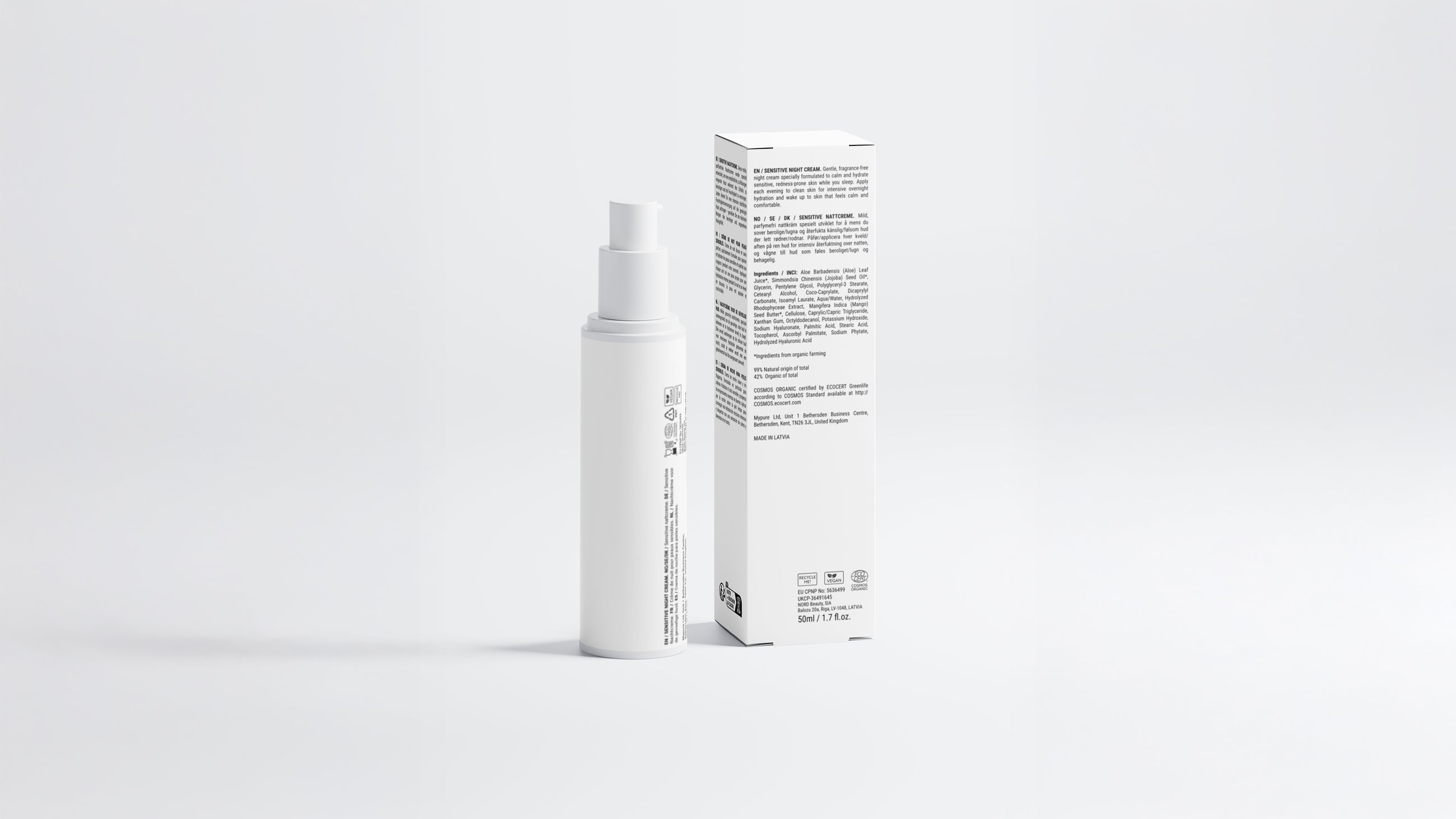 REST sensitive skin overnight cream bottle beside box back panel showing ingredient list