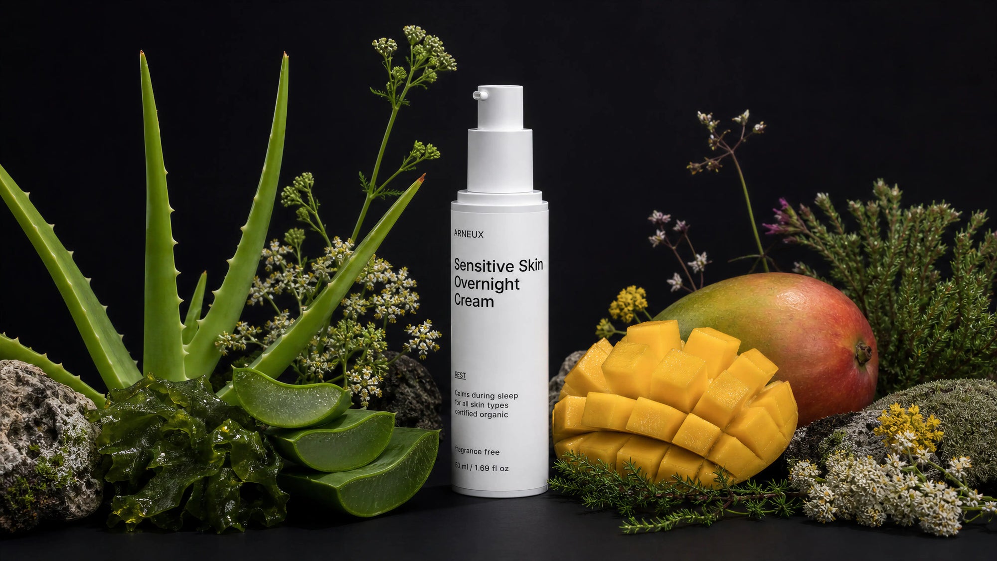REST overnight cream bottle with aloe vera, mango, elderflower and lavender on black background