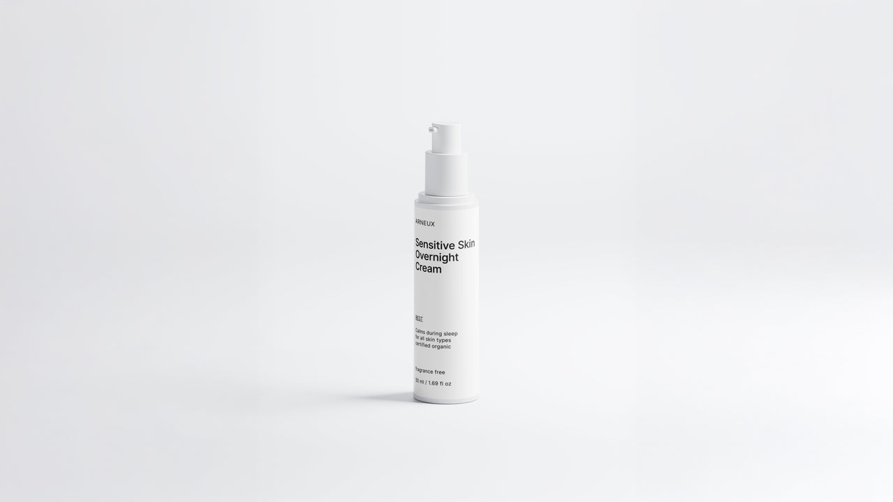 Arneux REST sensitive skin overnight cream pump bottle, front label on white background