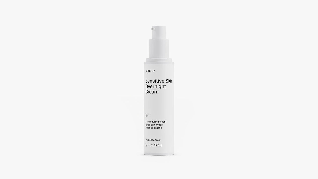 Arneux REST sensitive skin overnight cream pump bottle, front label on white background