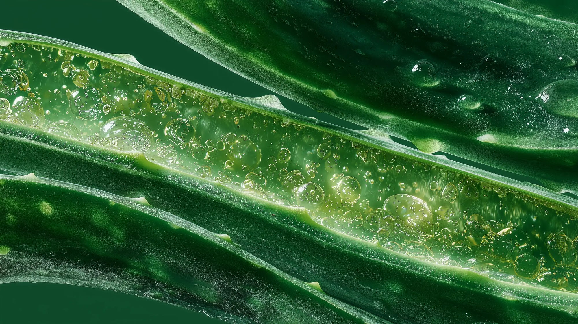 Aloe vera leaf cross-section with clear gel and water droplets, calming ingredient in REST cream