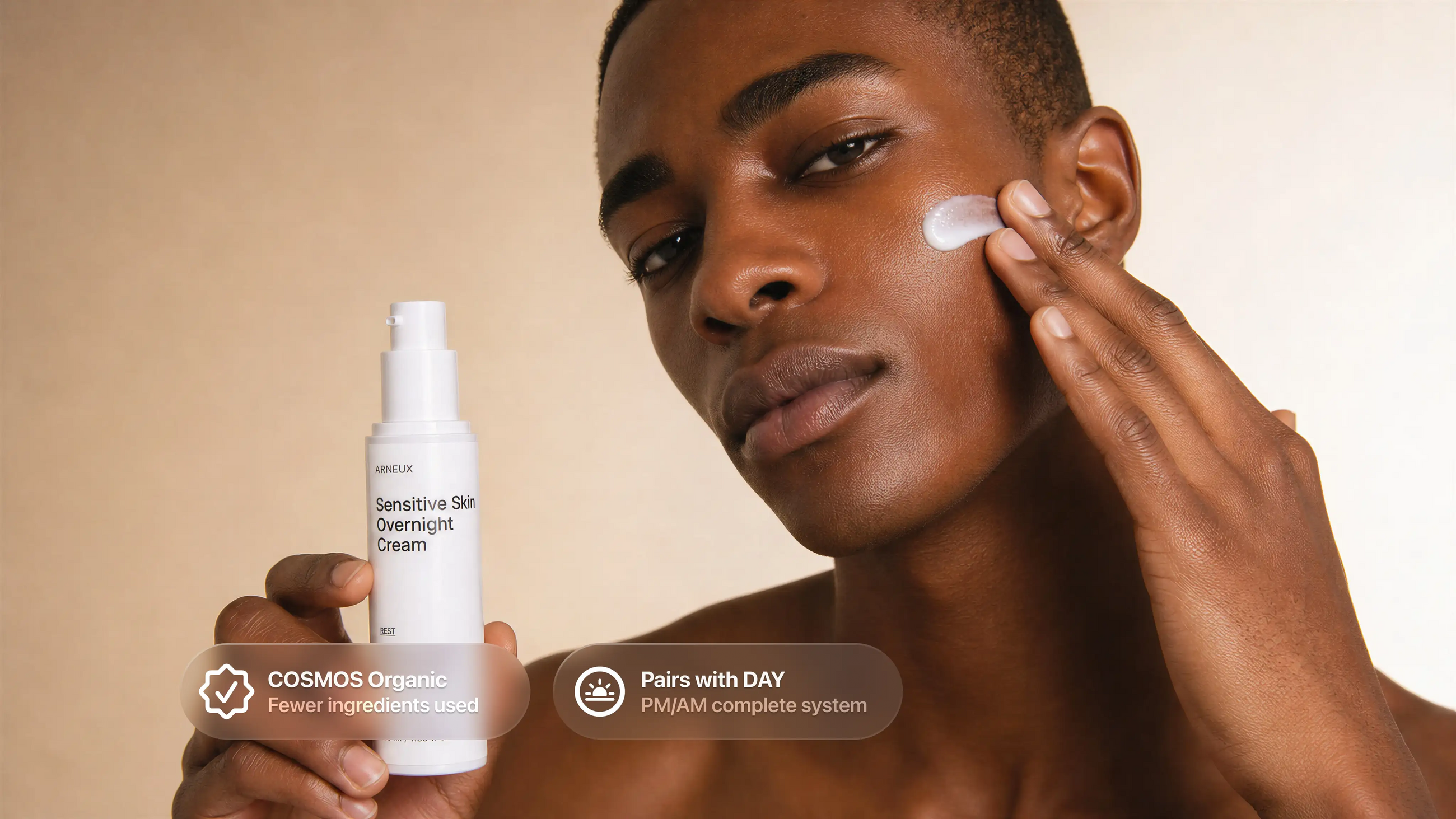 Man applying REST sensitive skin overnight cream to cheek, COSMOS organic pairs with DAY callout