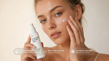 Woman tapping REST overnight cream to cheek, repairs overnight fragrance-free for reactive skin callouts