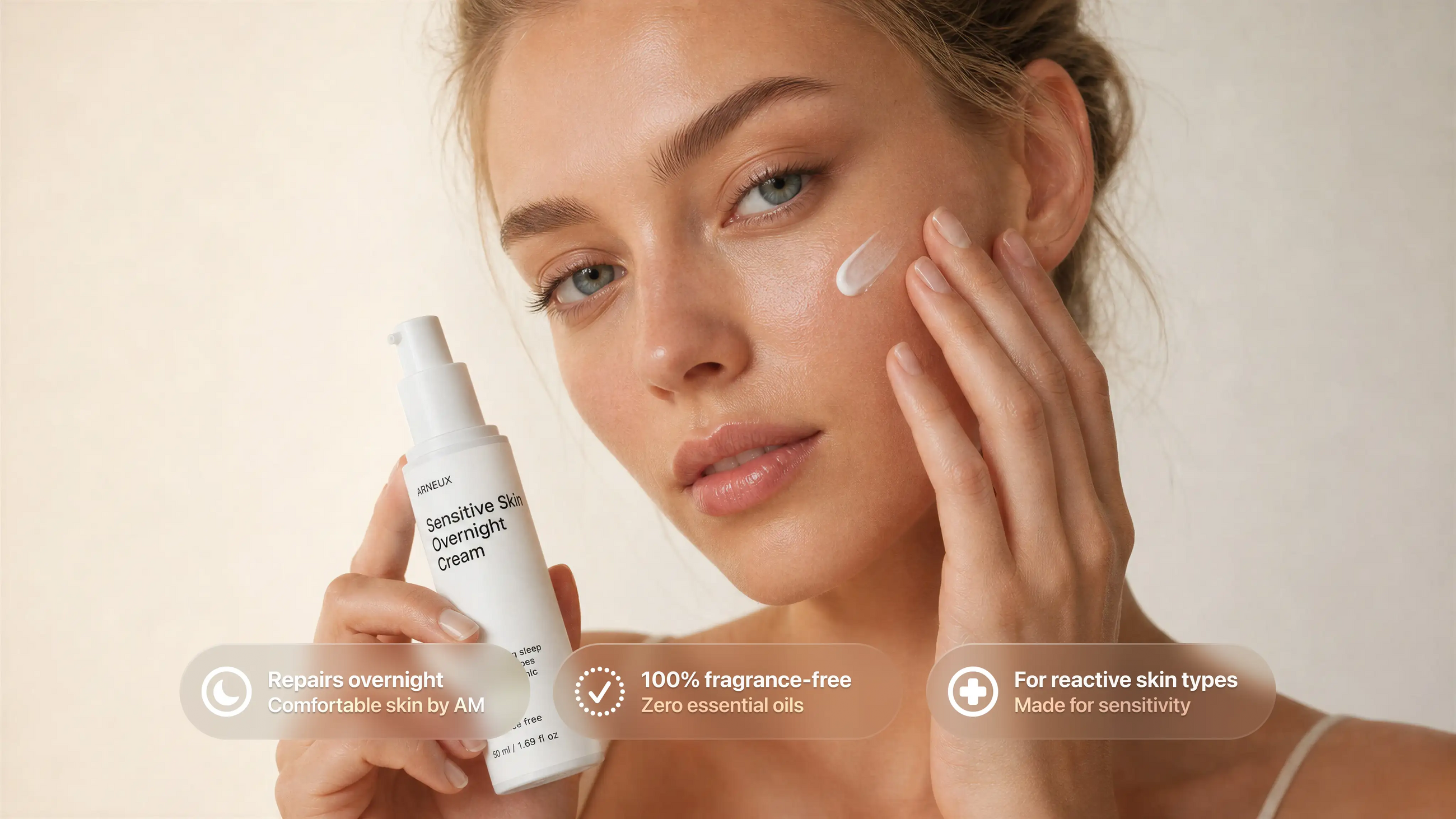 Woman tapping REST overnight cream to cheek, repairs overnight fragrance-free for reactive skin callouts