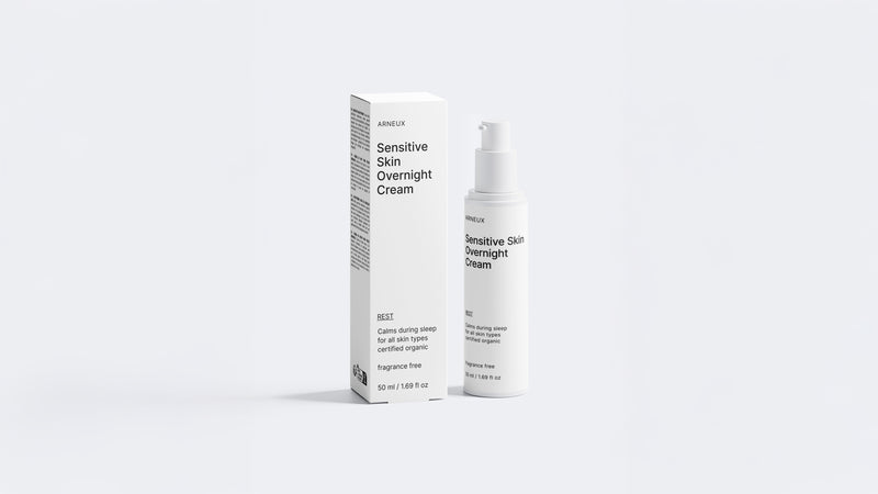 REST sensitive skin overnight cream bottle and box packaging set on grey background