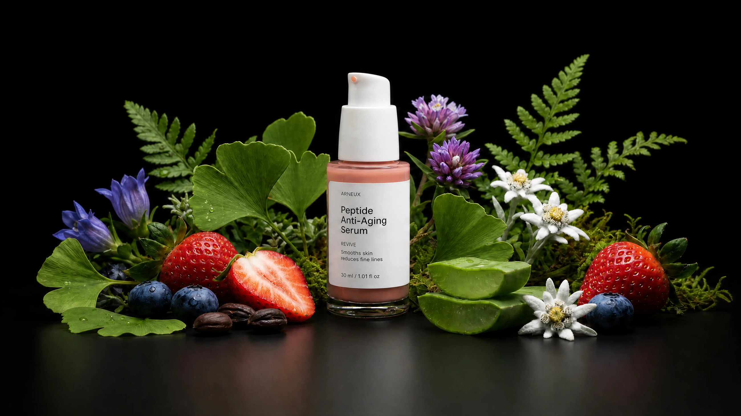 REVIVE serum bottle with strawberries, blueberries, ferns, edelweiss and wildflowers on black