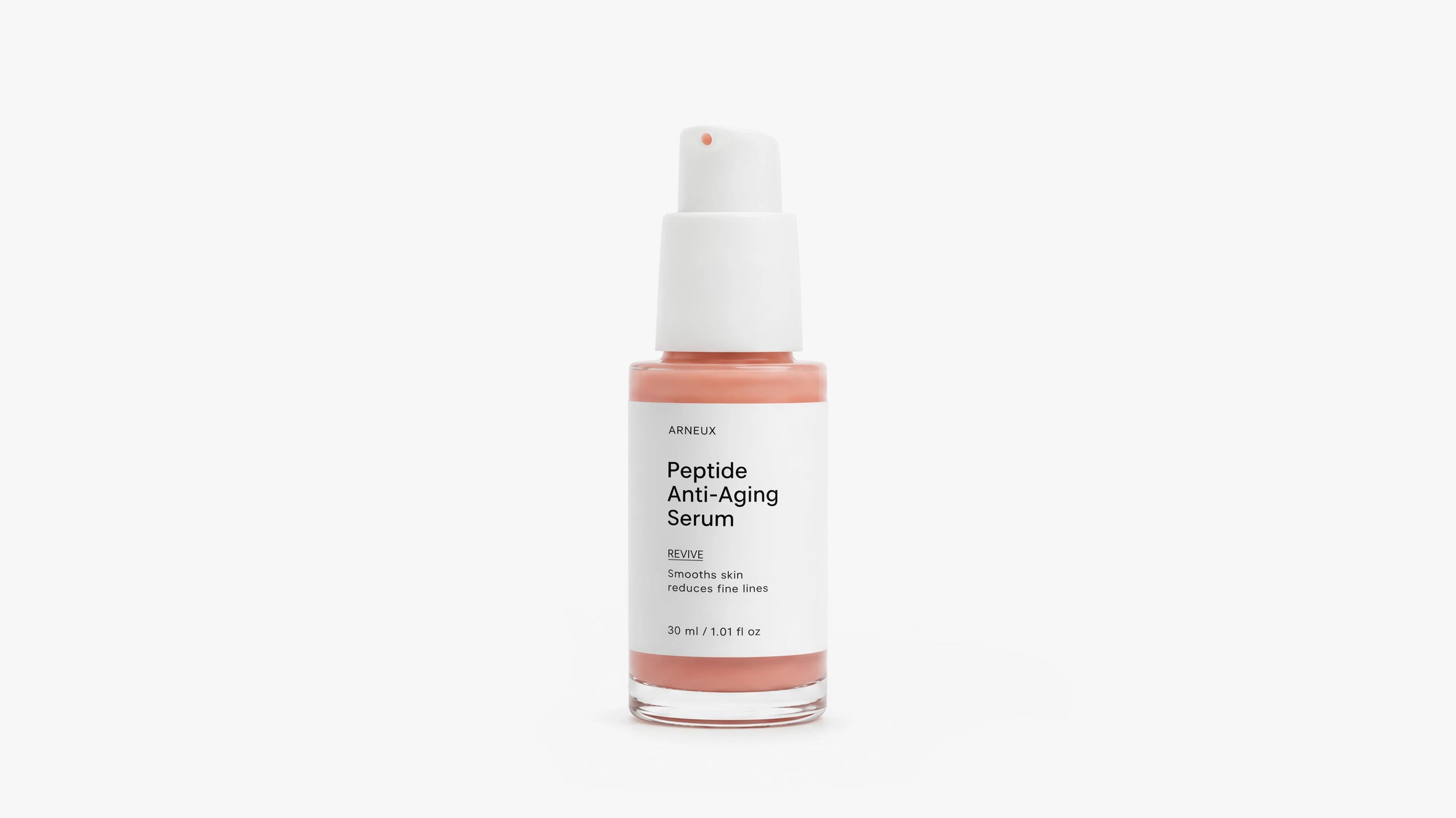 Arneux REVIVE peptide anti-aging serum pump with glass bottle, front label on grey background