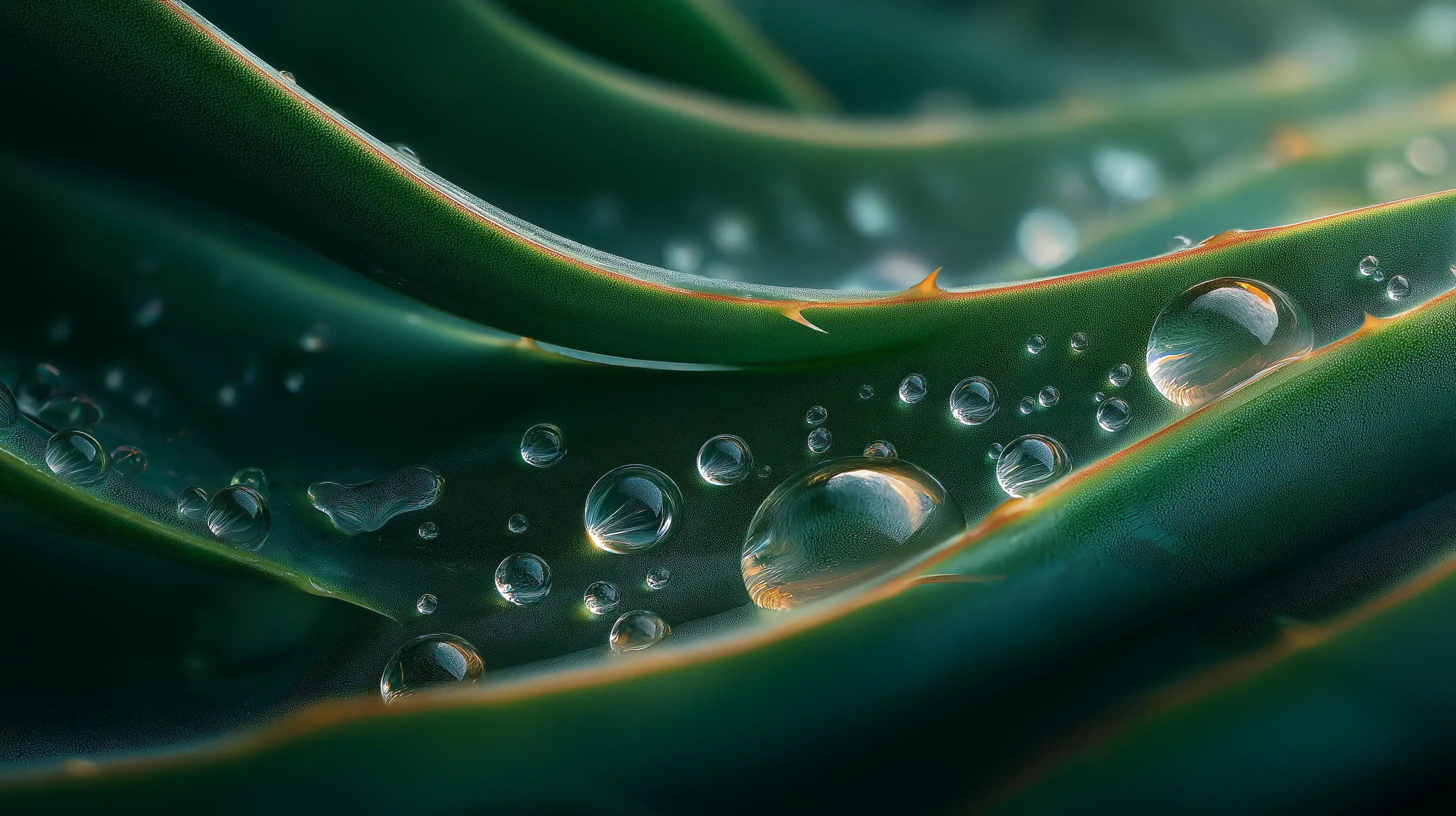 Aloe vera leaf edge with water droplets close-up, hydrating ingredient in peptide anti-aging serum