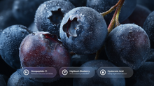 Dewy blueberries close-up with Hexapeptide-11, high bush blueberry and hyaluronic acid callouts
