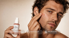 Man tapping REVIVE peptide serum into cheek, smooths fine lines and restores firmness callouts