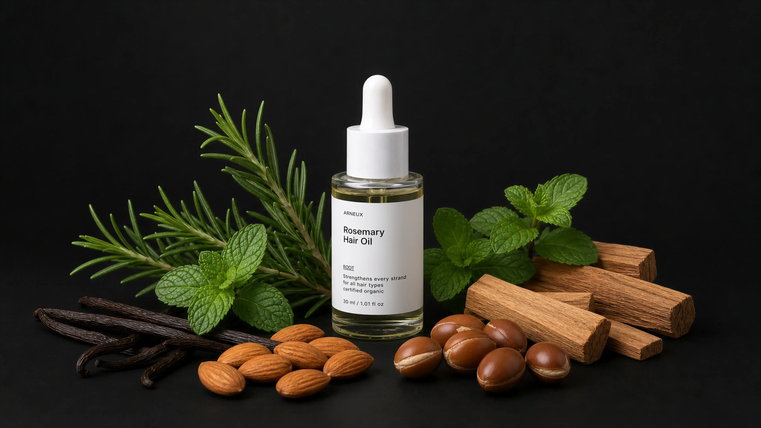 ROOT hair oil bottle with rosemary, mint, vanilla pods, almonds and sandalwood on black background