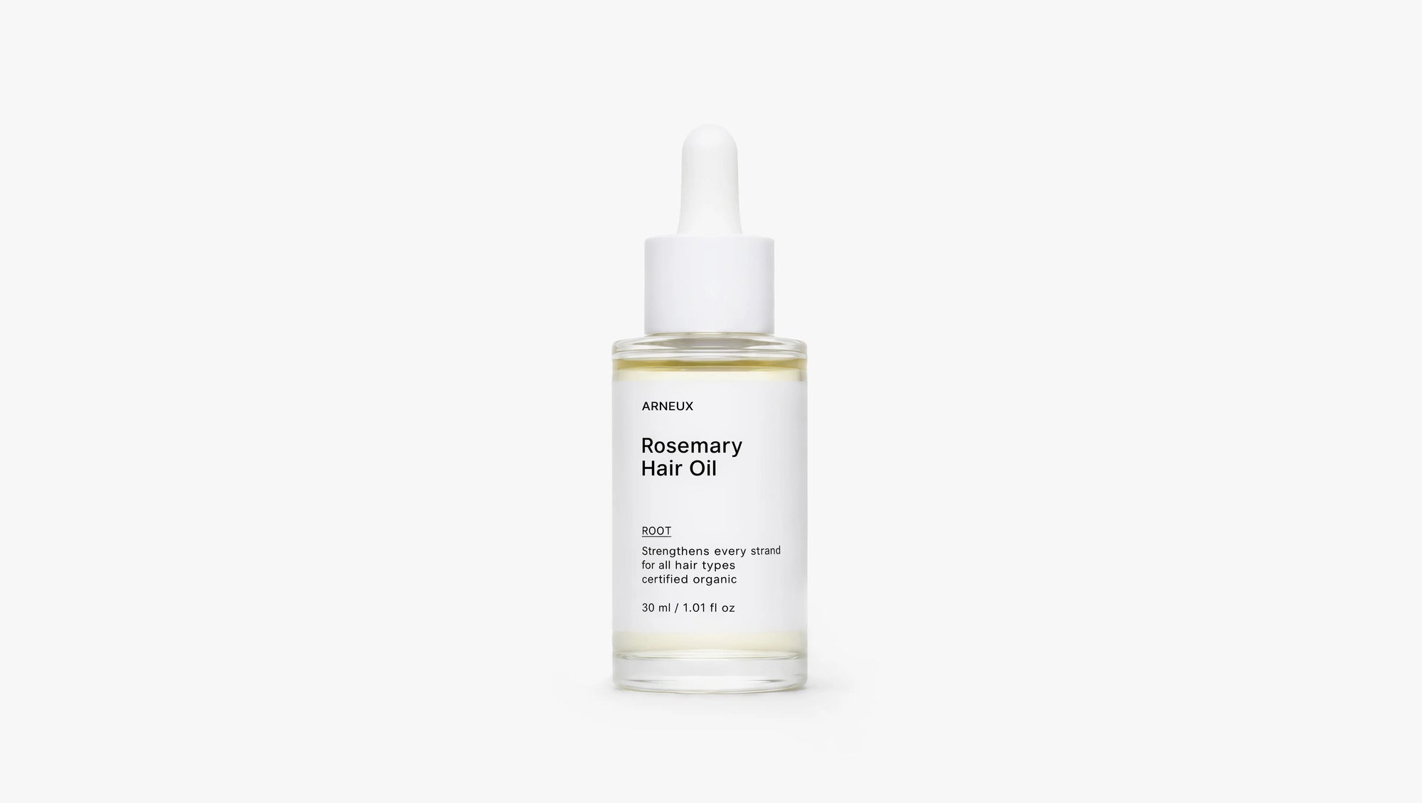 Arneux ROOT rosemary hair oil dropper bottle, front label on white background