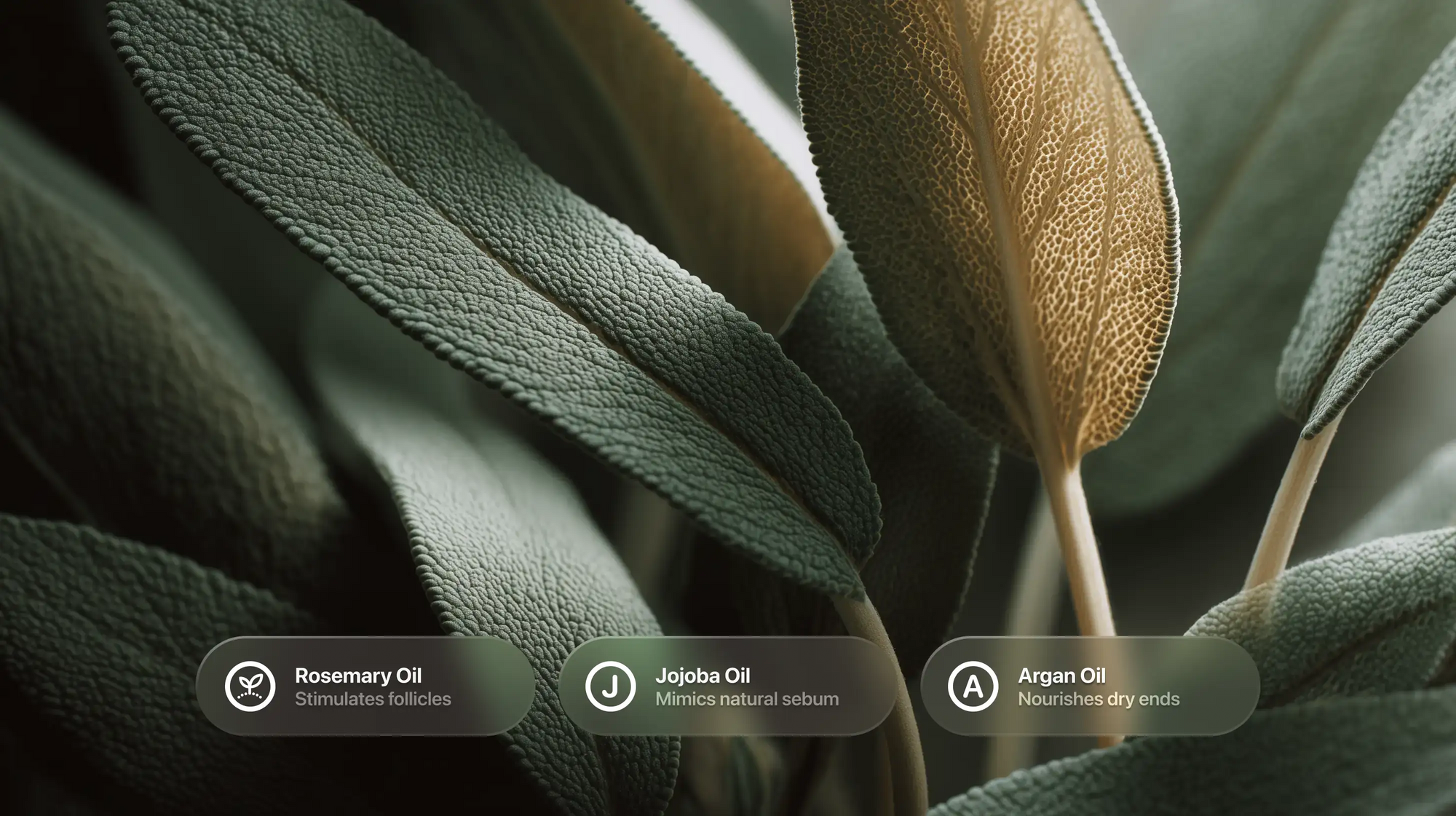 Dark green sage leaves close-up with rosemary oil, jojoba oil and argan oil ingredient callouts