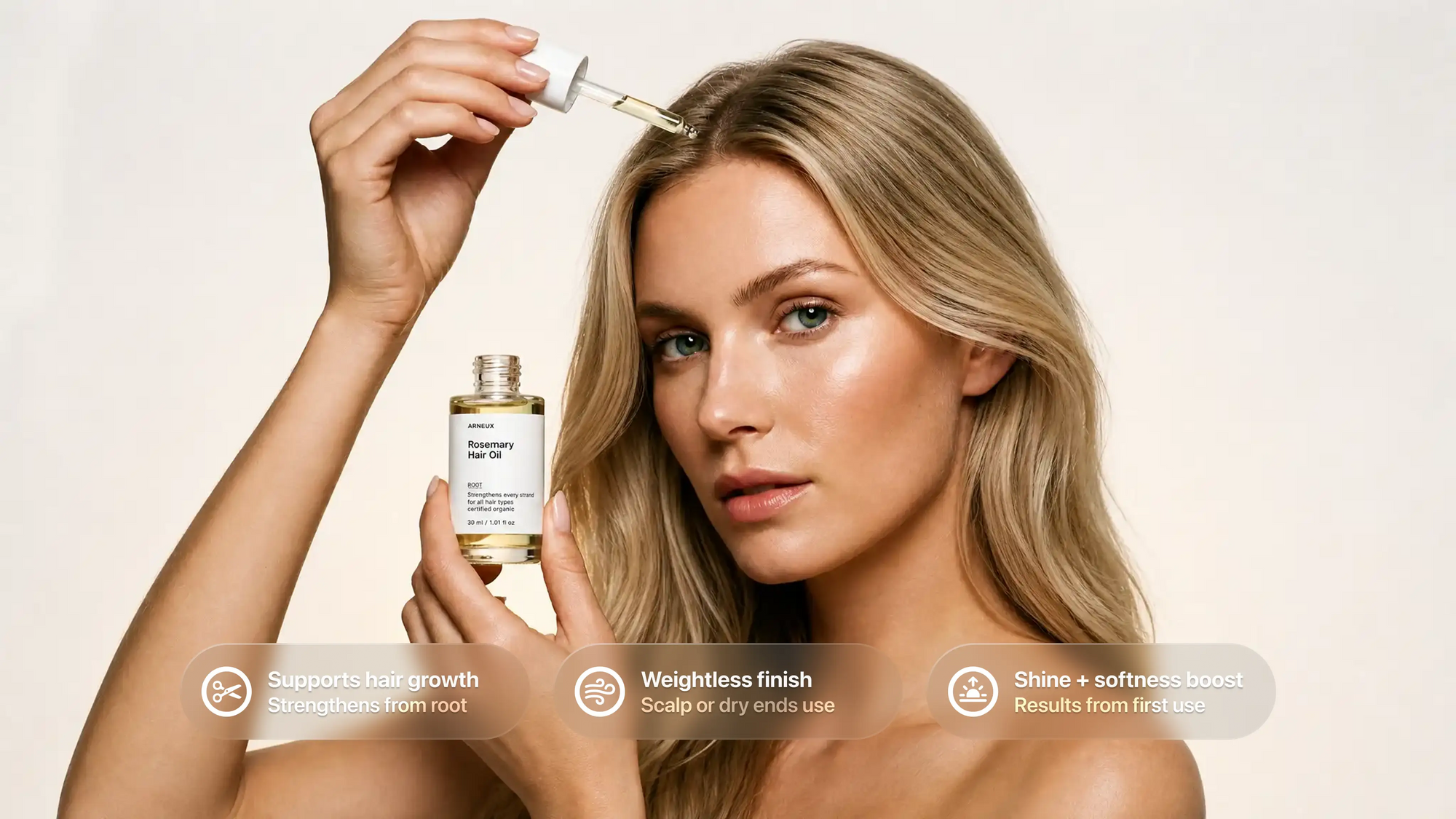 Woman dropping ROOT rosemary hair oil onto scalp, supports hair growth weightless finish shine callouts