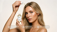 Woman dropping ROOT rosemary hair oil onto scalp, supports hair growth weightless finish shine callouts
