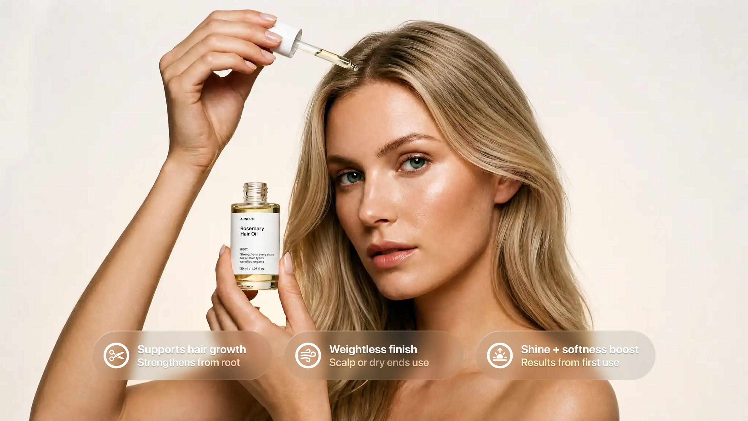 Woman dropping ROOT rosemary hair oil onto scalp, supports hair growth weightless finish shine callouts