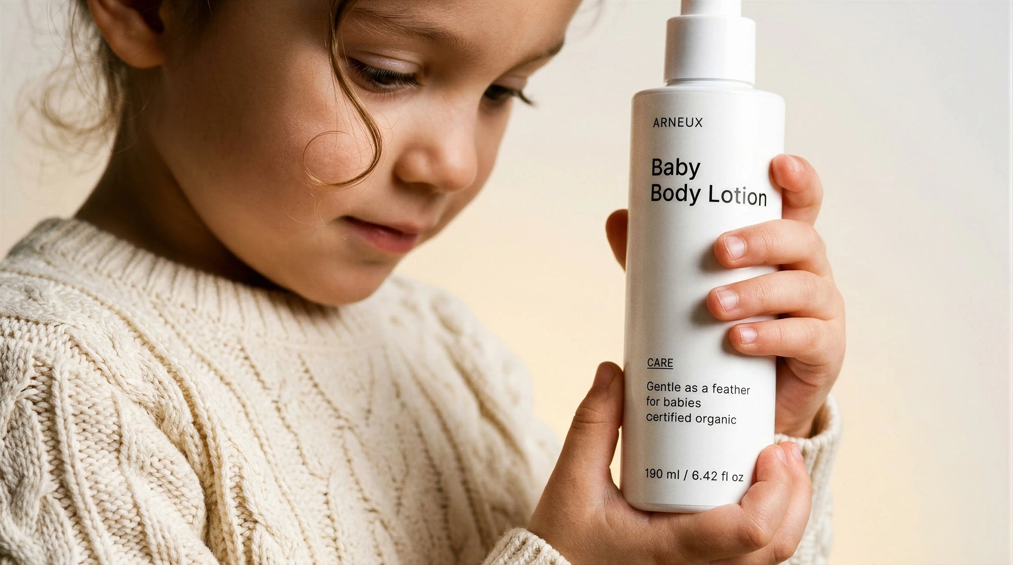 Young child holding Arneux CARE baby body lotion, COSMOS Organic certified gentle as a feather for babies