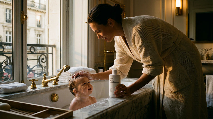 Woman bathing baby in marble tub holding Arneux SOFT gentle baby shampoo, COSMOS certified Parisian apartment