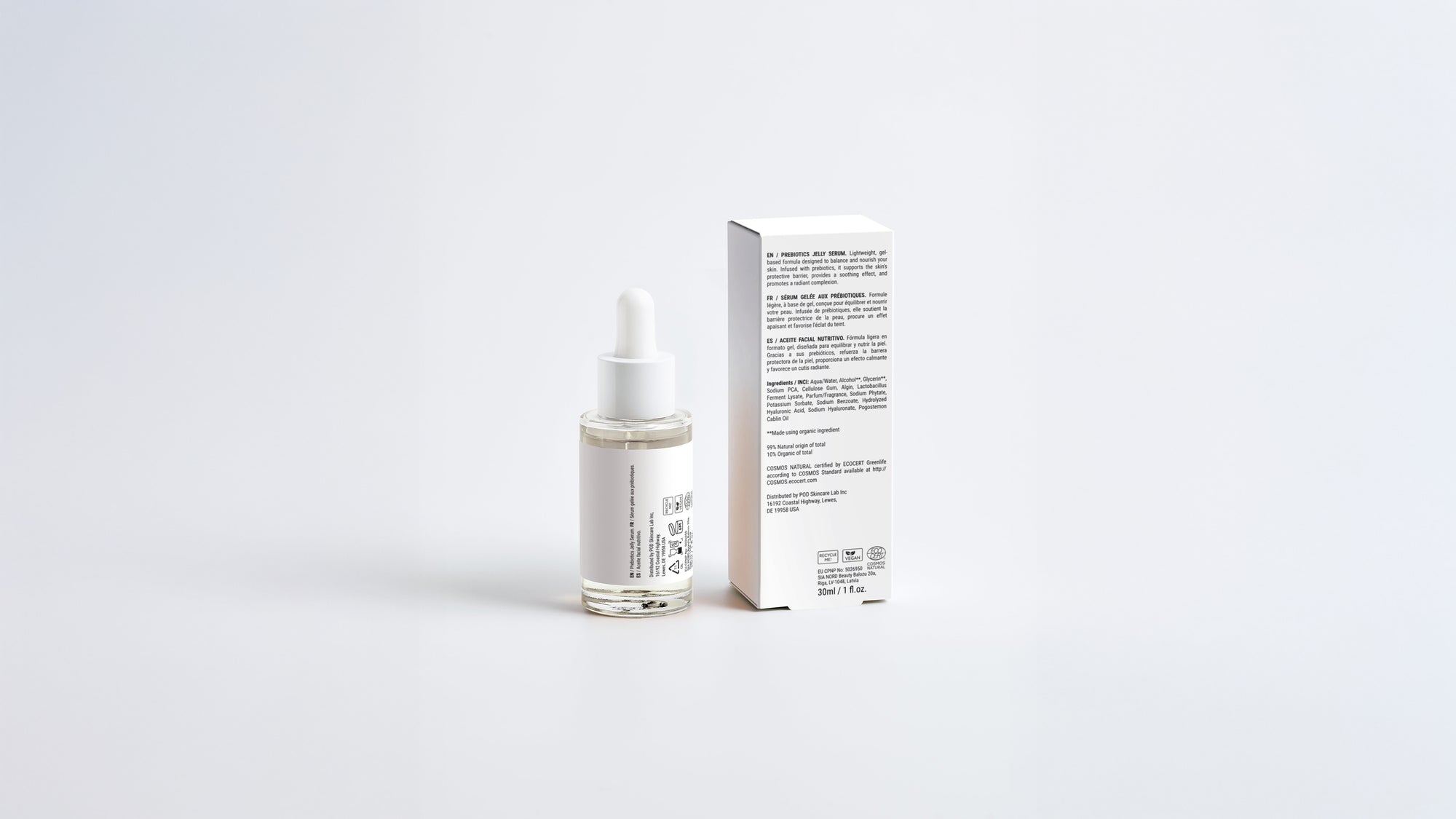 SHIELD prebiotic barrier serum bottle beside box back panel showing full ingredient list