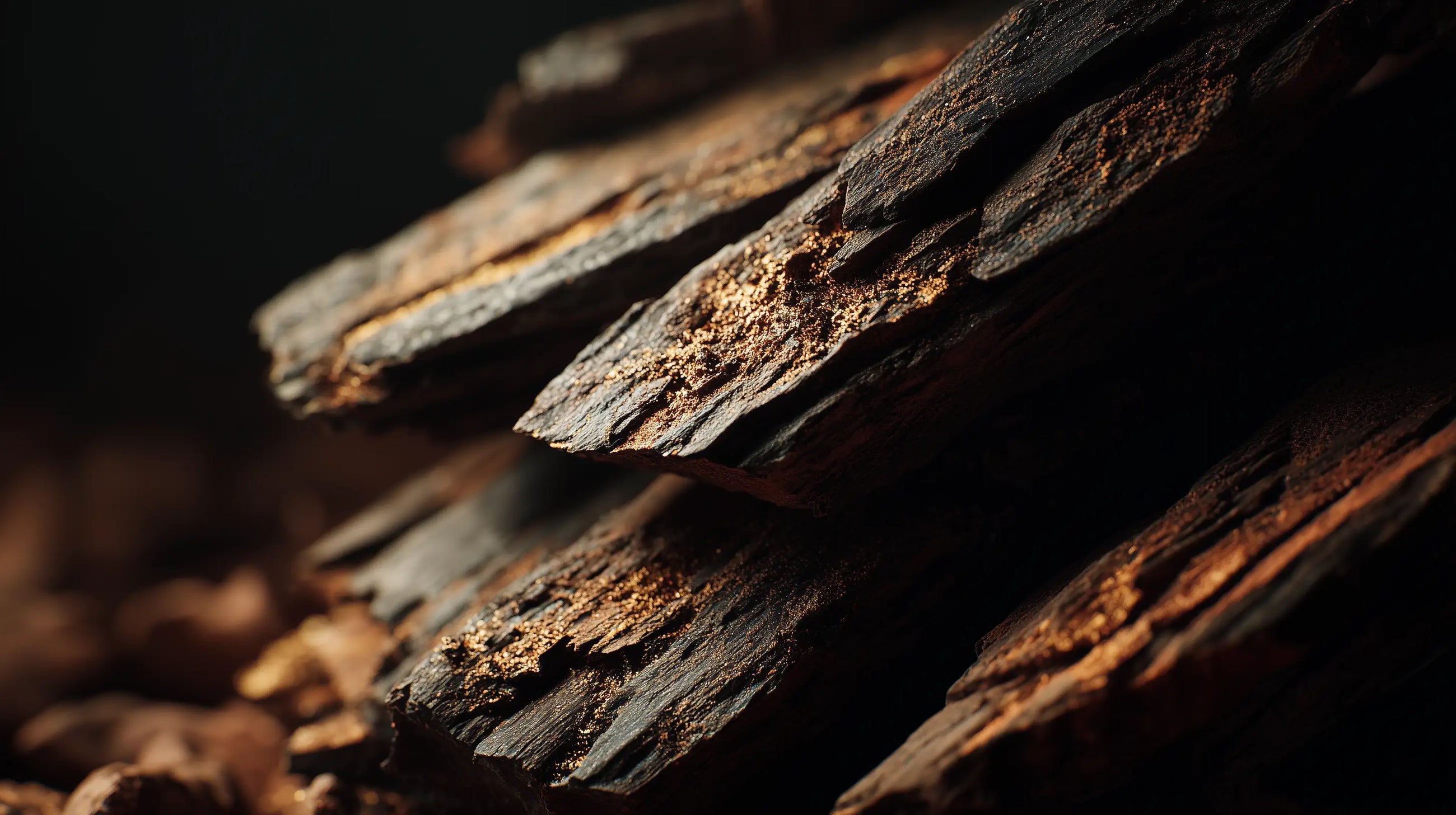 Dark textured bark pieces close-up, natural prebiotic extract ingredient in SHIELD barrier serum