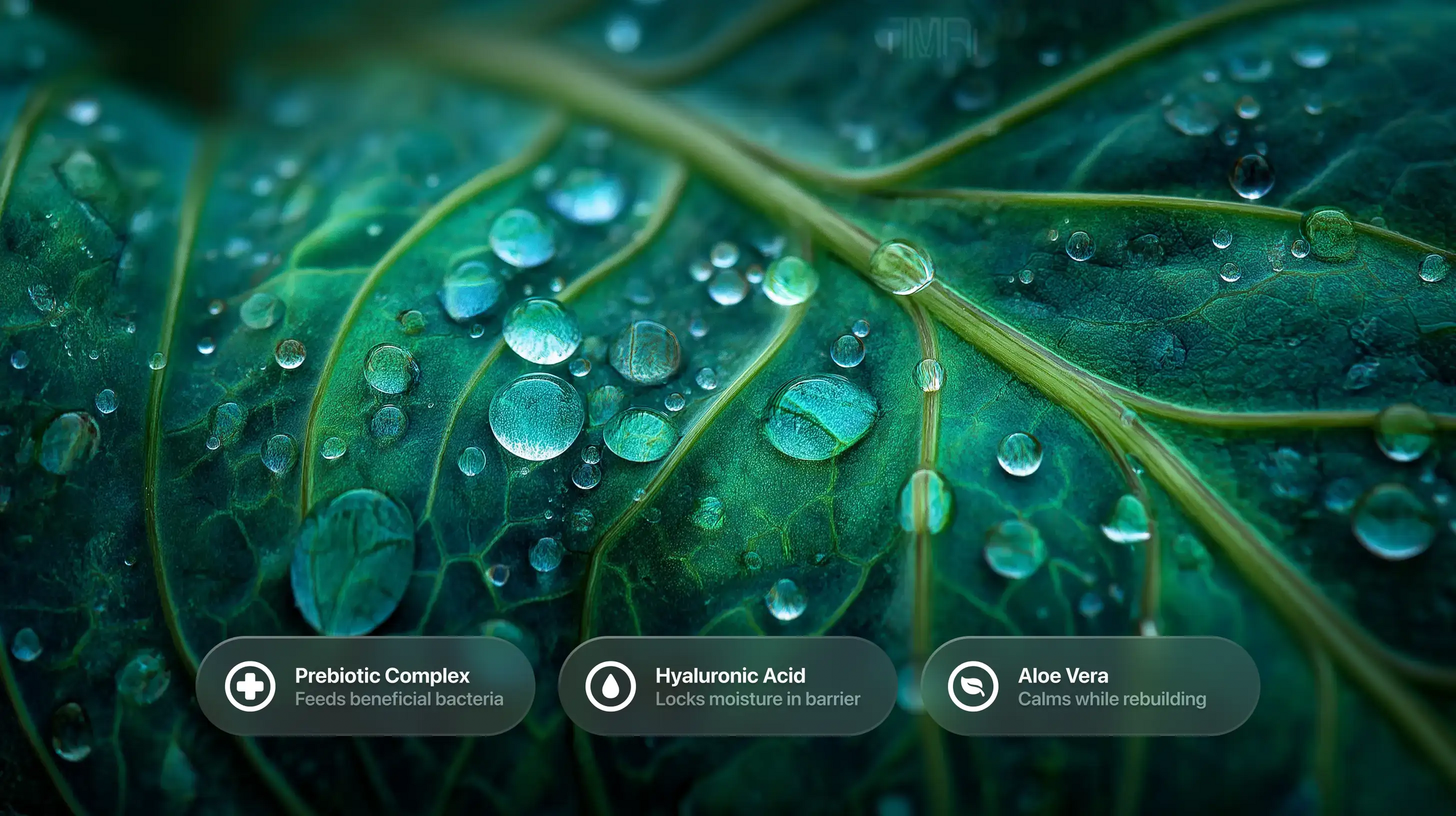 Dark green leaf with water droplets, prebiotic complex hyaluronic acid and aloe vera callouts