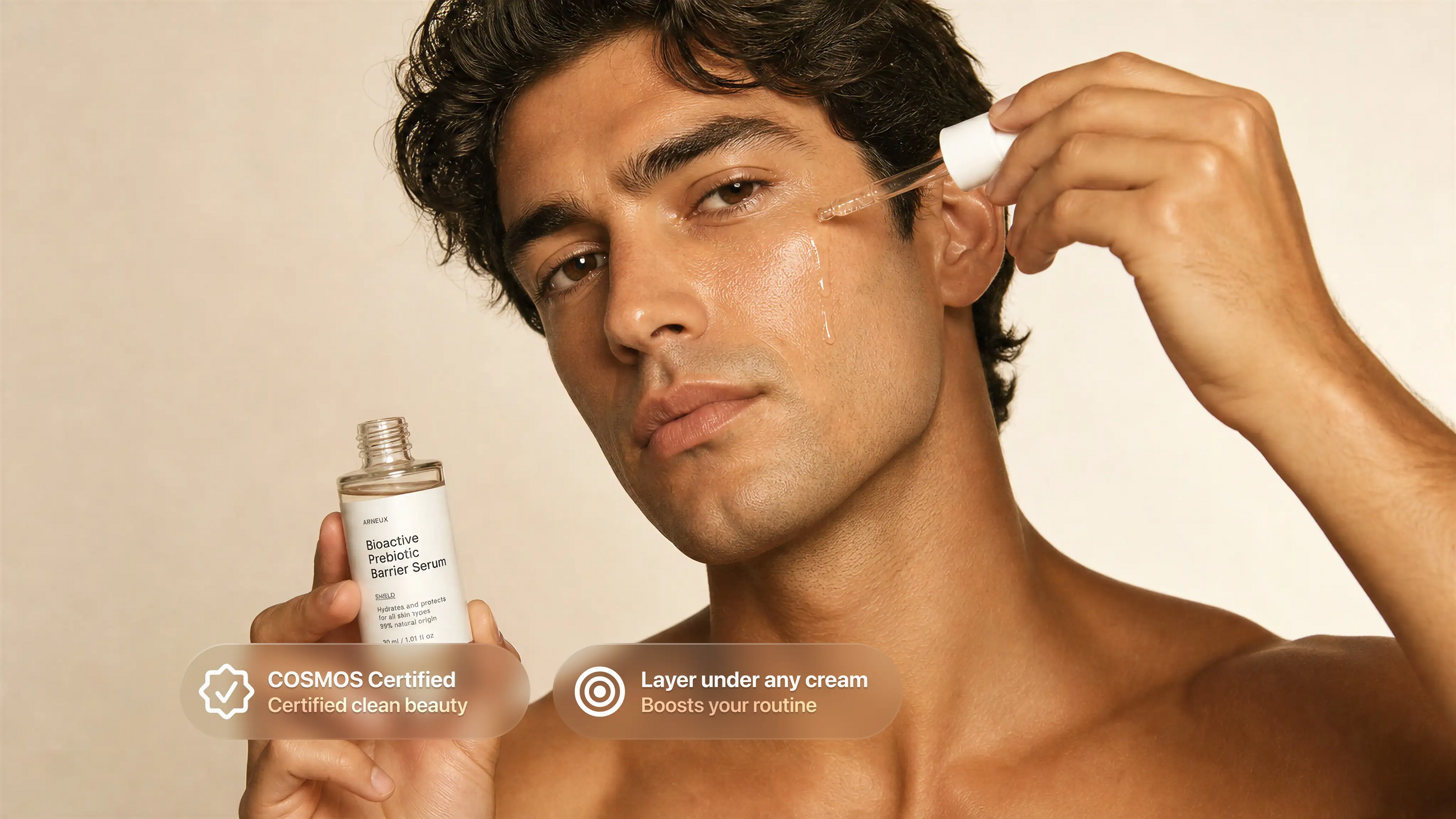 Man dropping SHIELD prebiotic serum onto cheek, COSMOS certified layer under any cream callout