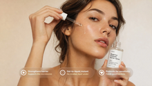 Woman dropping SHIELD prebiotic barrier serum onto cheek, strengthens barrier gel-to-liquid callouts