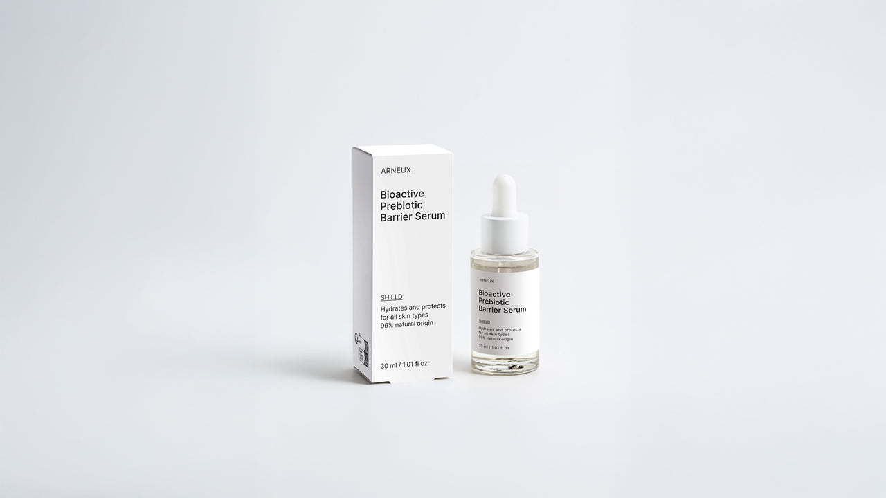 SHIELD prebiotic barrier serum dropper bottle and box packaging set on grey background