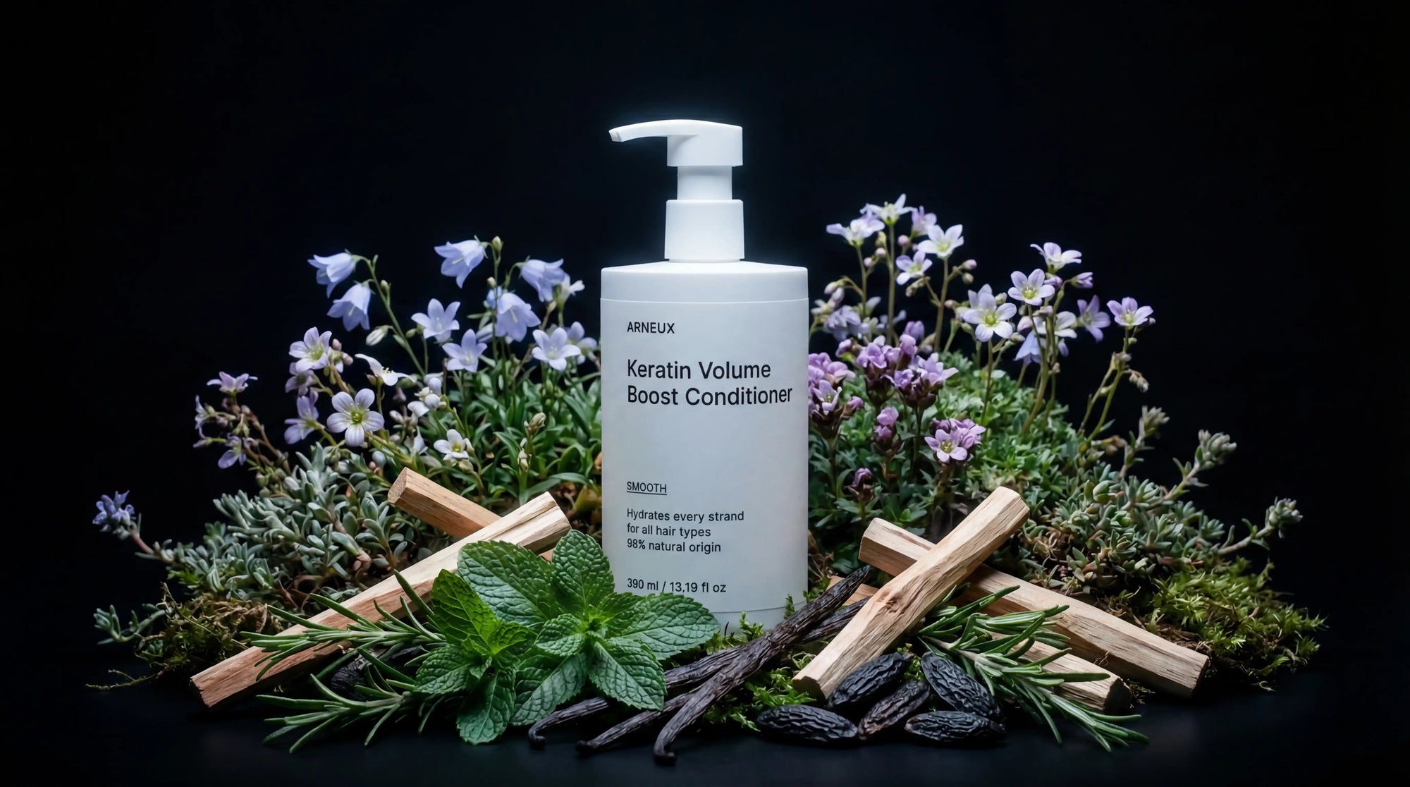 SMOOTH conditioner bottle with purple flowers, mint, vanilla pods and cinnamon on black background