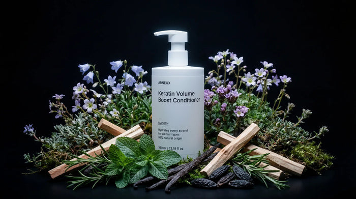 SMOOTH conditioner bottle with purple flowers, mint, vanilla pods and cinnamon on black background