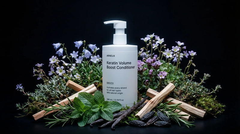 SMOOTH conditioner bottle with purple flowers, mint, vanilla pods and cinnamon on black background