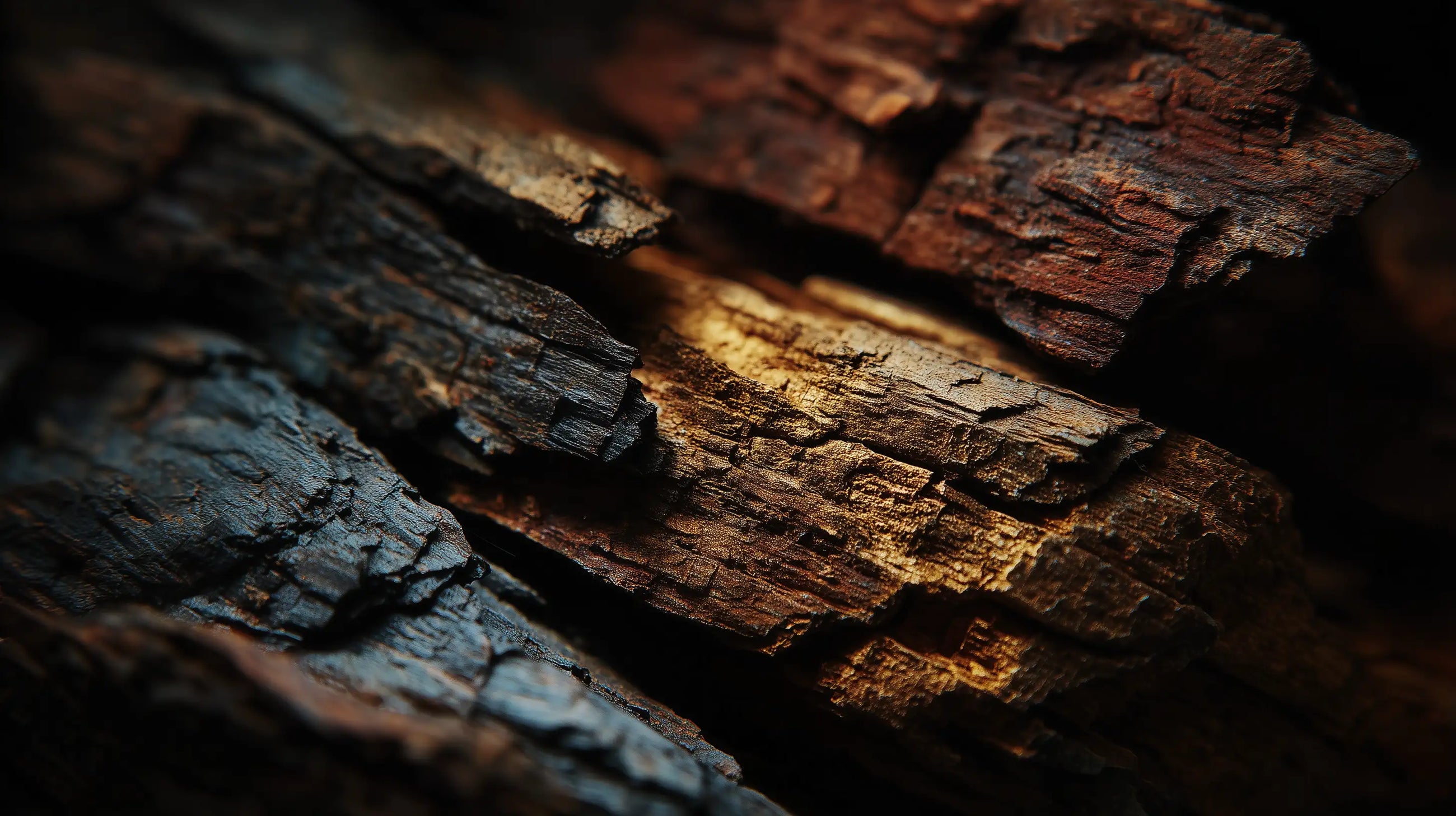 Dark textured bark close-up, natural botanical extract ingredient in SMOOTH keratin conditioner