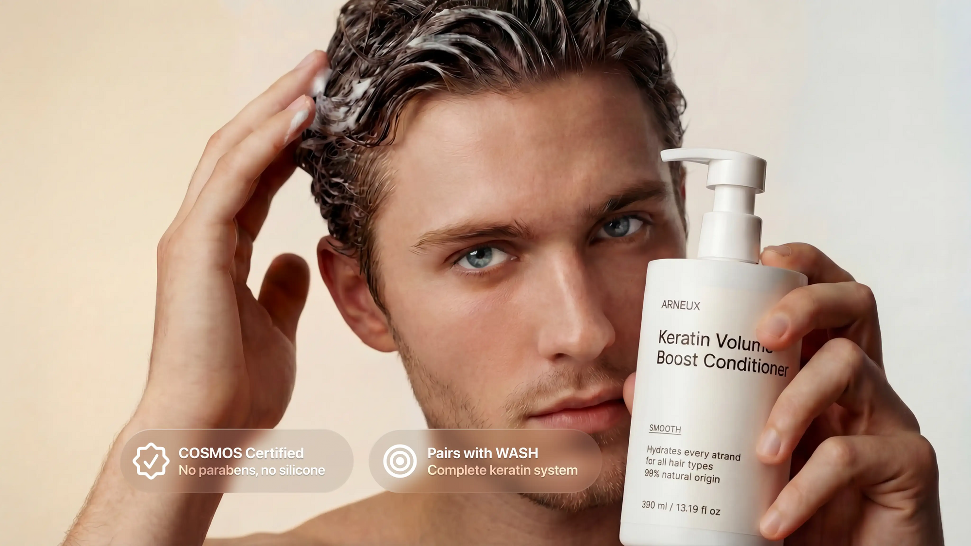 Man applying SMOOTH keratin volume conditioner to wet hair, COSMOS certified pairs with WASH callout