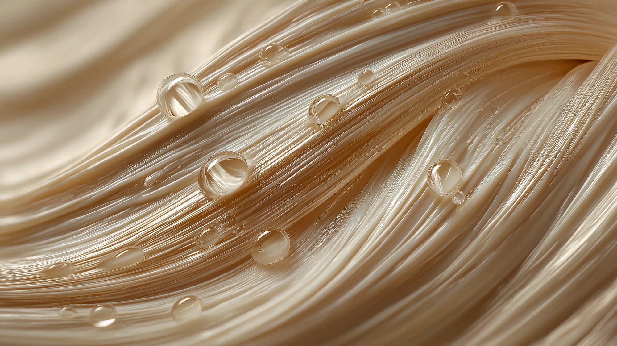 Golden keratin hair strands with oil droplets close-up, showing smooth repaired hair texture