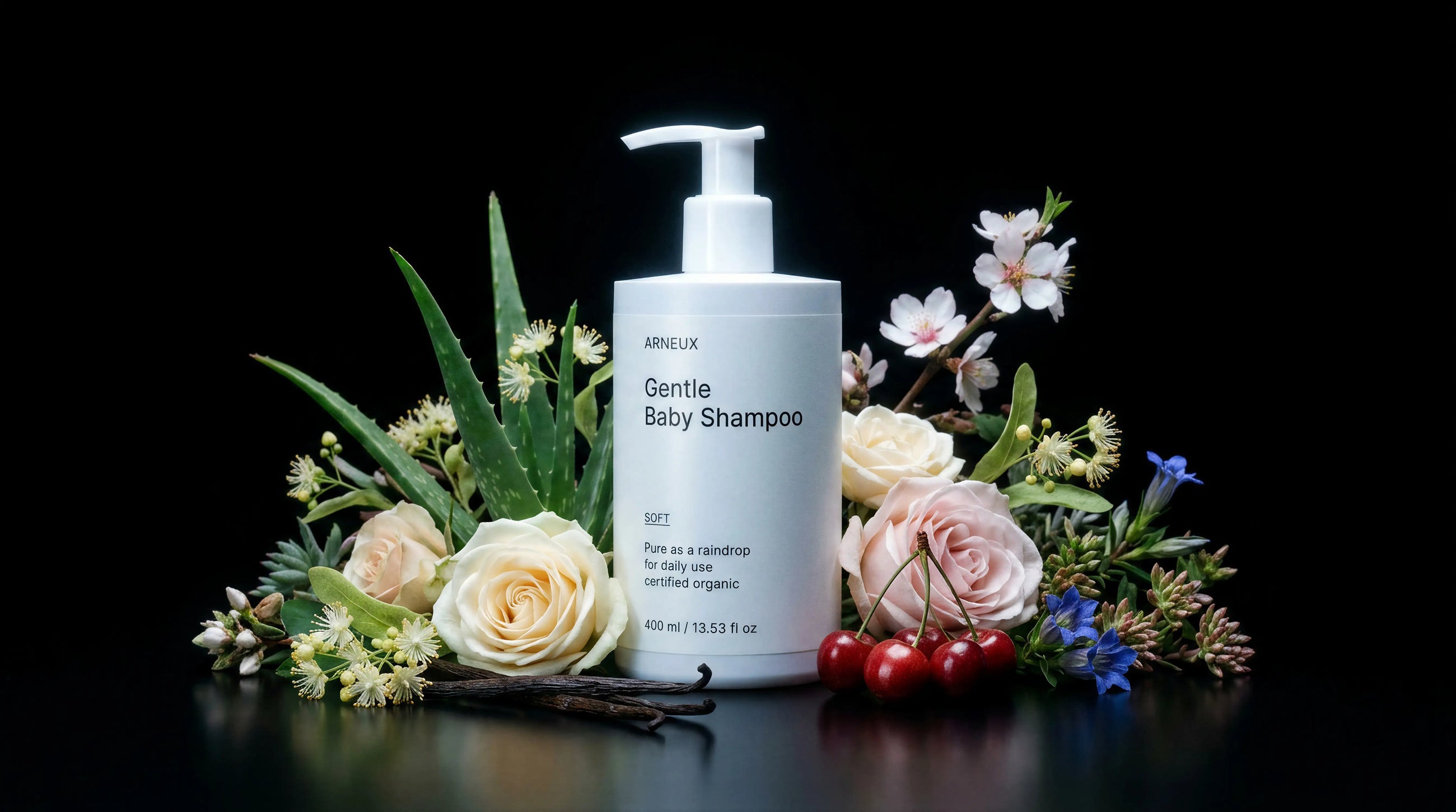 SOFT baby shampoo bottle with aloe vera, pink roses, white blossoms, cherries and vanilla on black background