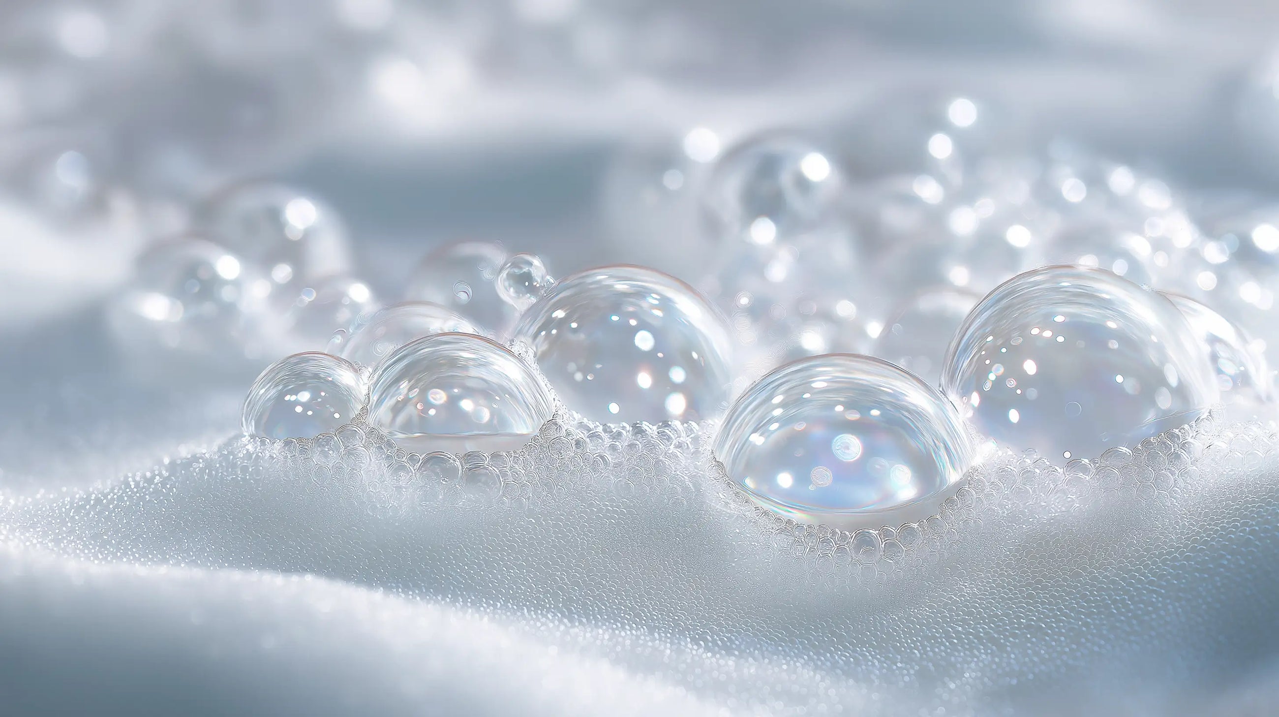 Gentle soap bubbles and soft foam texture close-up, tear-free daily formula from SOFT baby shampoo