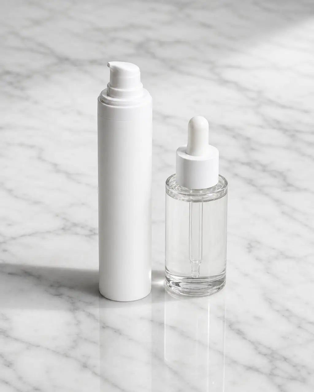 Arneux pump bottle and glass serum dropper on white marble, ECOCERT COSMOS certified no parabens no silicones