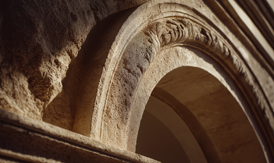 Ornate European limestone archway close-up, Arneux brand story founded in France EU-made heritage