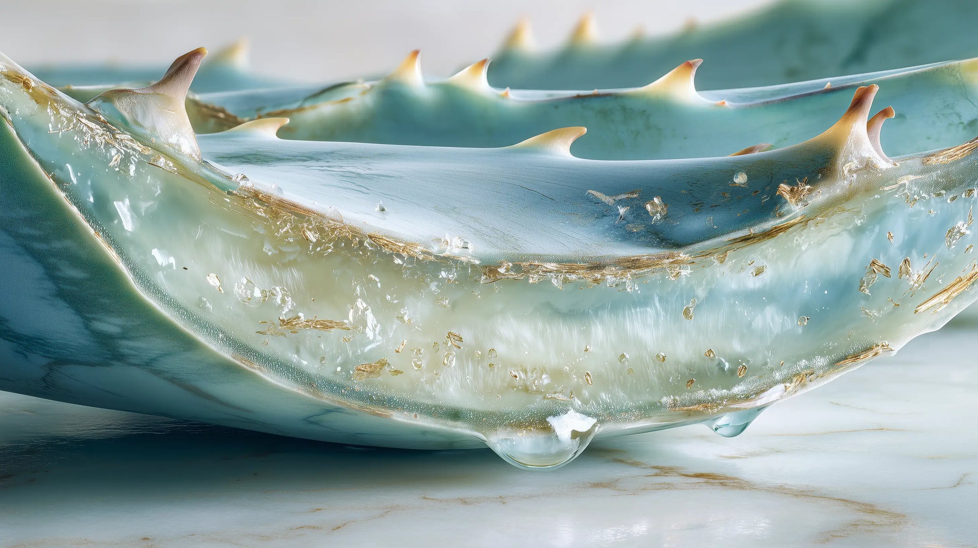 Aloe vera leaf cross-section with dripping gel on marble, Arneux 100% natural origin every ingredient traceable