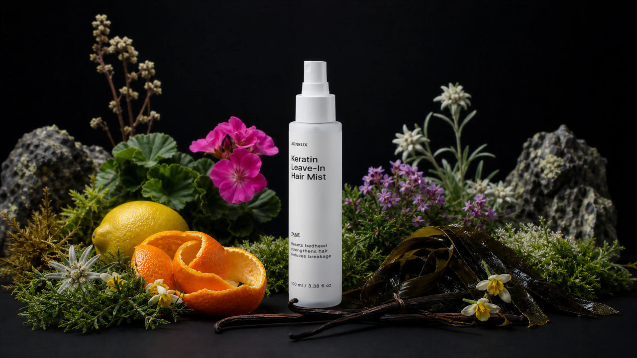 TAME hair mist bottle with edelweiss, orange peel, lemon, vanilla pods and sea algae on black