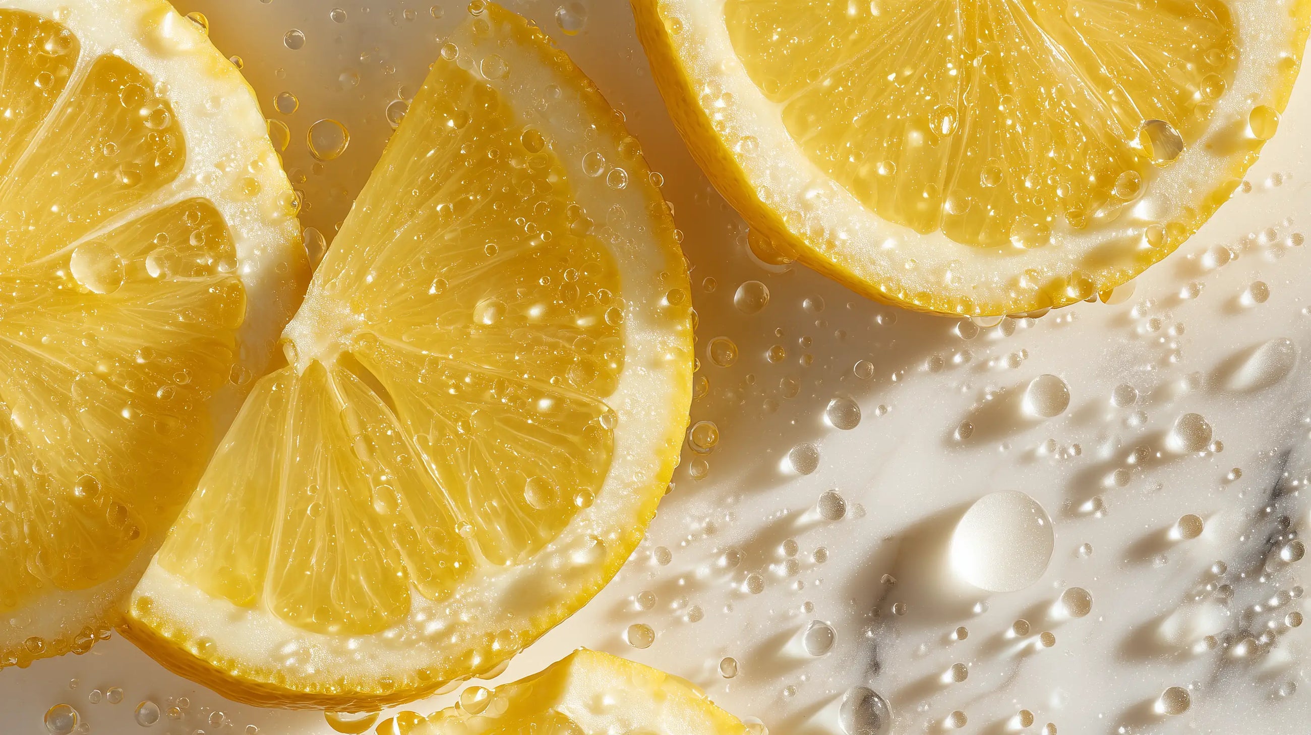 Fresh lemon slices with water droplets close-up, vitamin C citrus ingredient in keratin hair mist