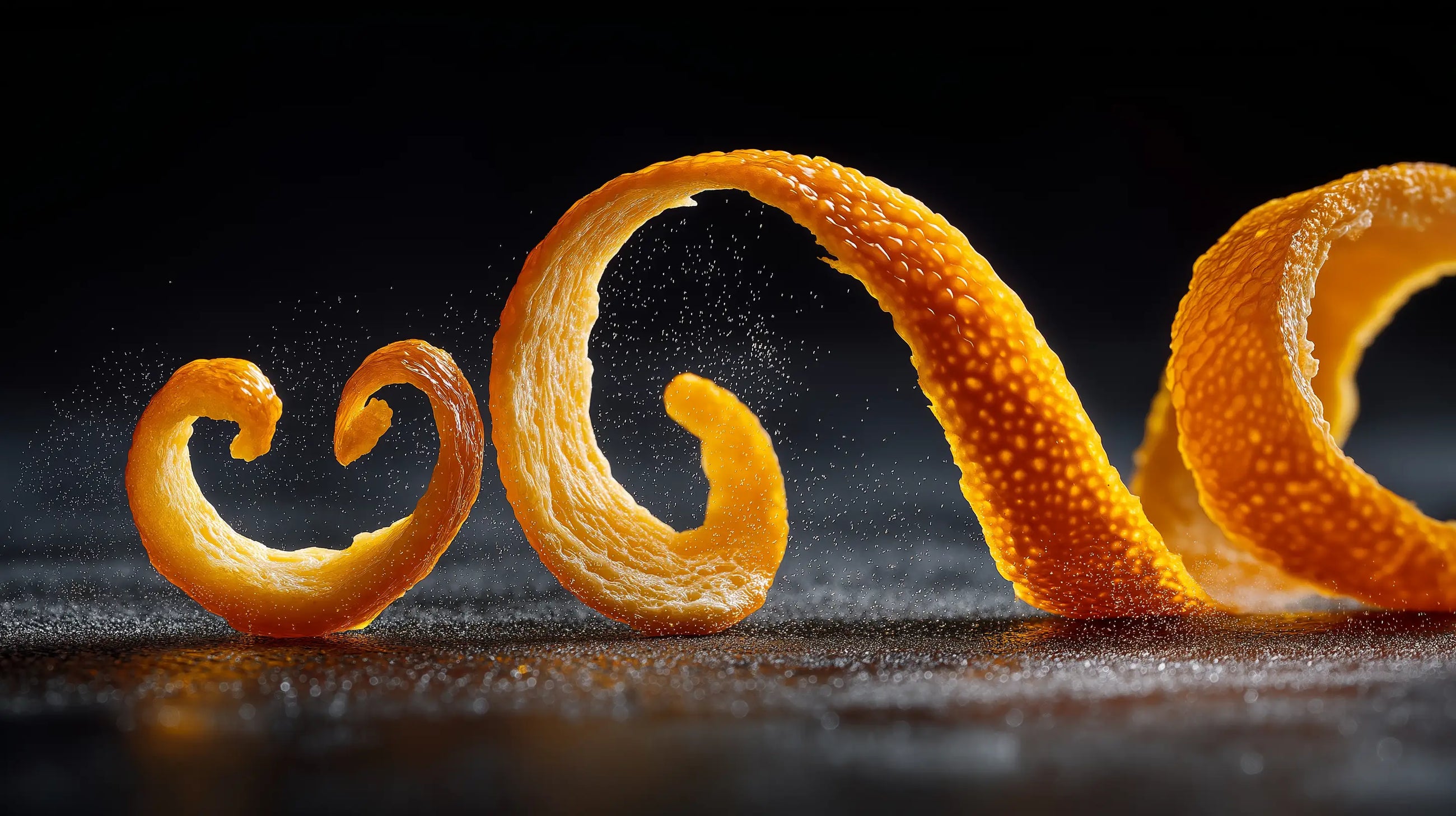 Curled fresh orange peel strips close-up, brightening citrus botanical in keratin leave-in hair mist