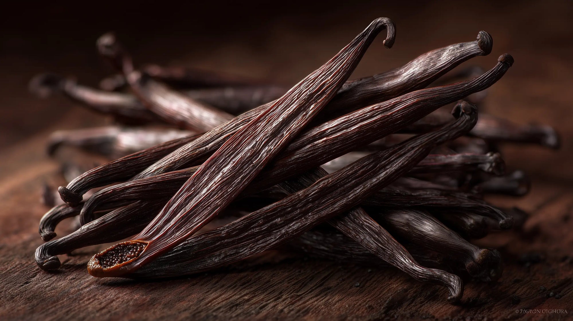 Dark vanilla bean pods close-up, conditioning aromatic ingredient in TAME keratin hair mist