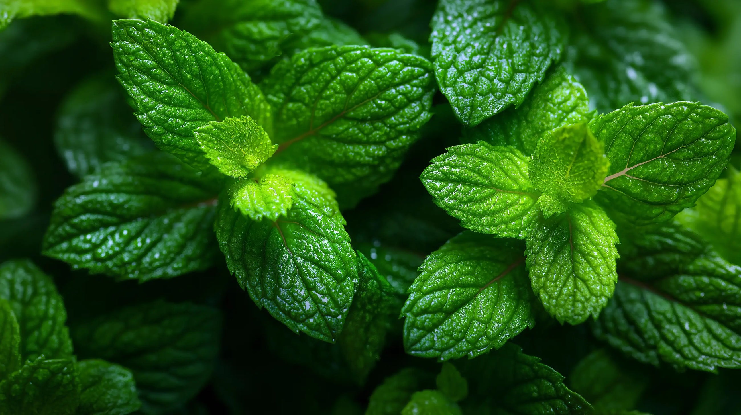 Fresh green mint leaves close-up, cooling scalp-refreshing ingredient in keratin volume boost shampoo