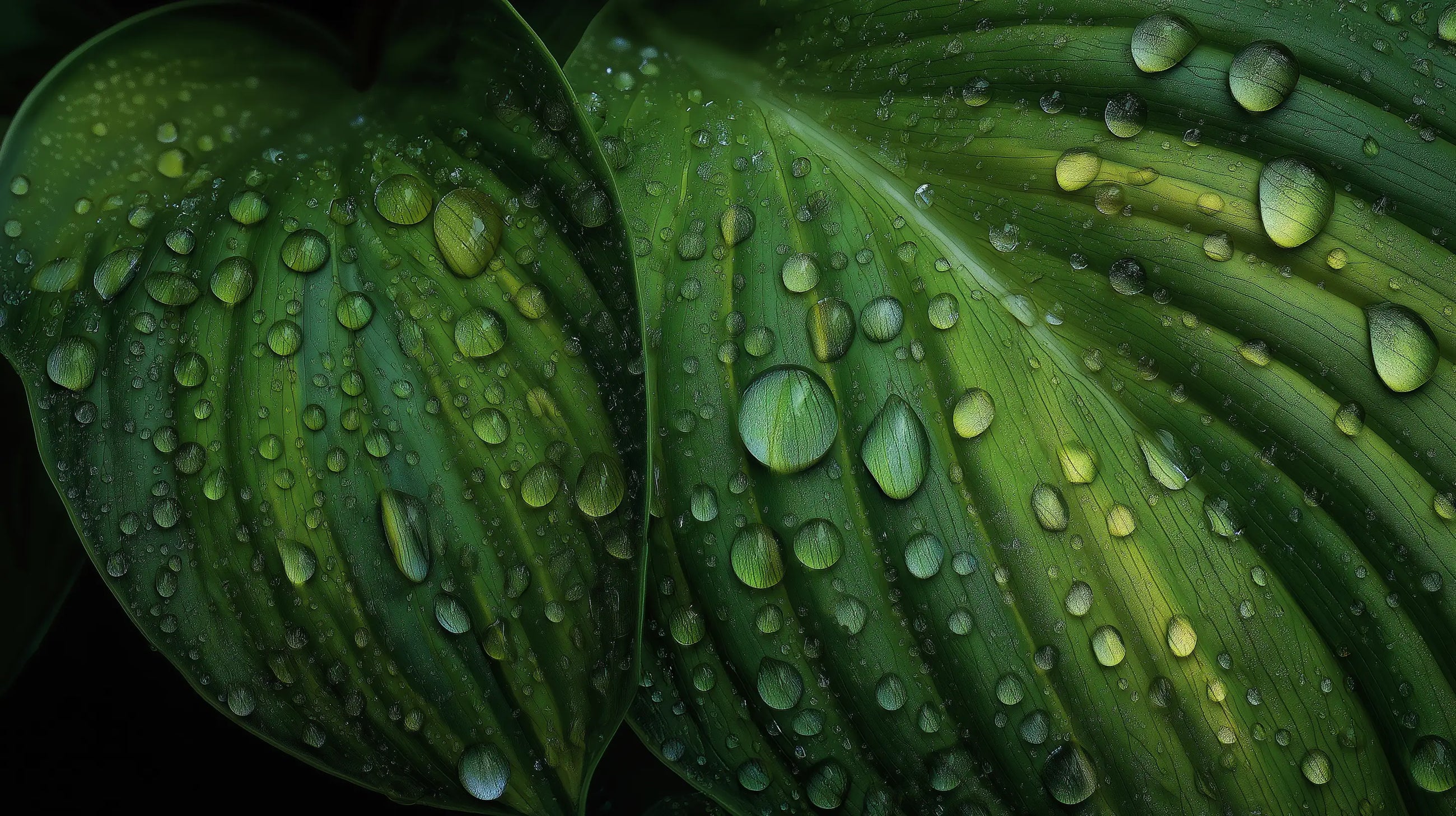 Large dark green tropical leaf with water droplets close-up, plant-derived ingredient in WASH shampoo