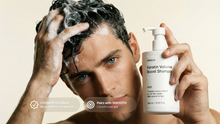 Man lathering WASH keratin volume shampoo into wet hair, COSMOS certified pairs with SMOOTH callout