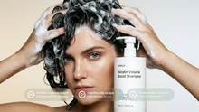 Woman lathering WASH keratin shampoo into wet hair, clarifies oily scalp visible body and bounce callouts