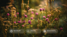 Sunlit pink clover and wild meadow flowers with natural soy wax, cotton wick and botanical fragrance callouts