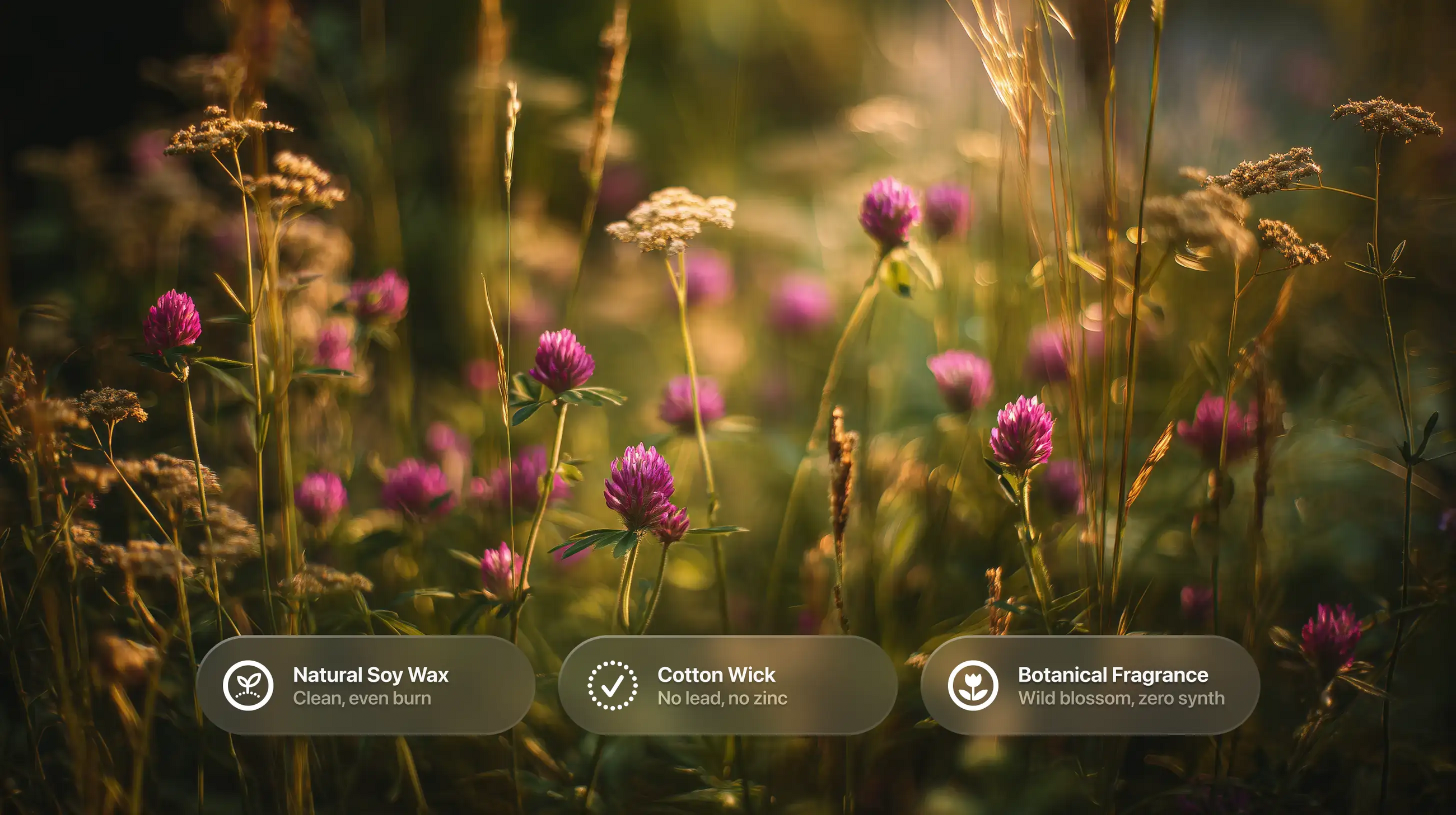 Sunlit pink clover and wild meadow flowers with natural soy wax, cotton wick and botanical fragrance callouts