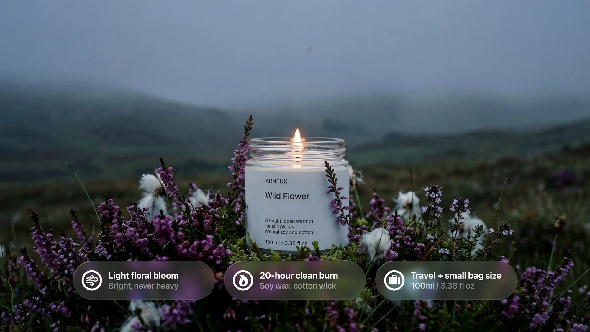 WILD FLOWER candle burning in highland meadow, light floral bloom 20-hour clean burn travel size callouts